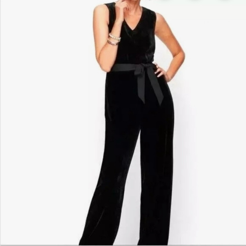 Talbots Black Velvet Sleeveless Jumpsuit/ Romper with Tie Sash Size 16
